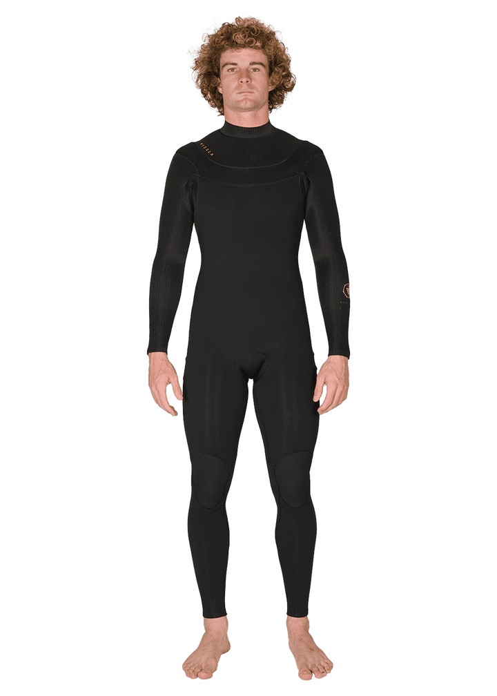 Vissla New Seas 5-4 U-Zip Wetsuit in black, front view.