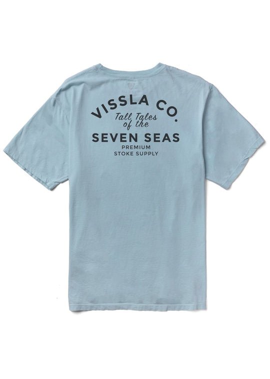 Vissla Premium Stoke PKT Tee in chambray with back graphic design.