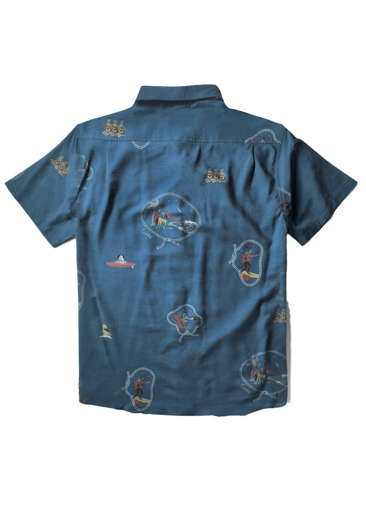 Vissla Soren Wavy West Eco short sleeve shirt in tidal blue, back view.